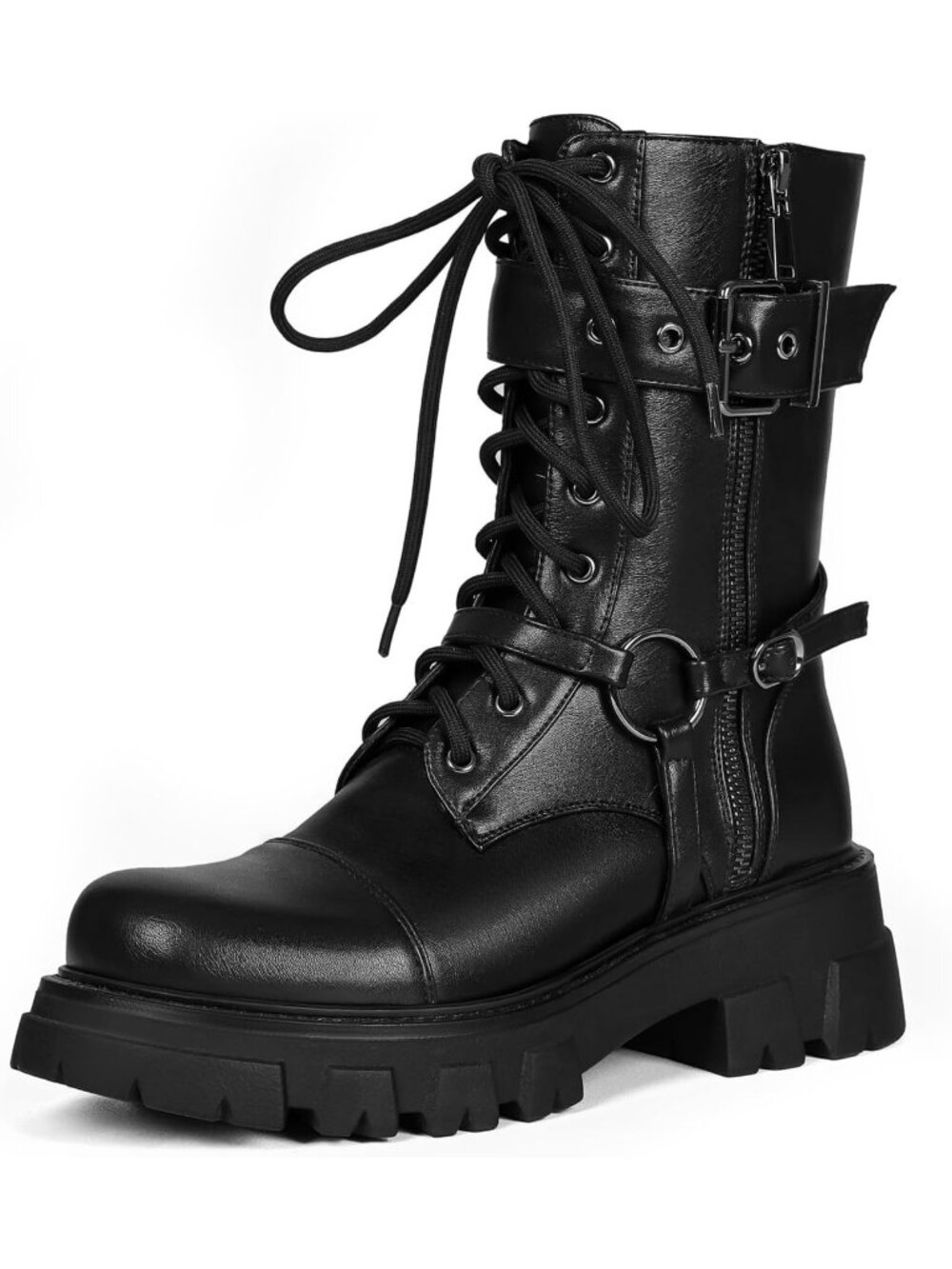 Women's Black Harness Motorcycle Steampunk Combat Lace up Chunky Mid Calf Boots